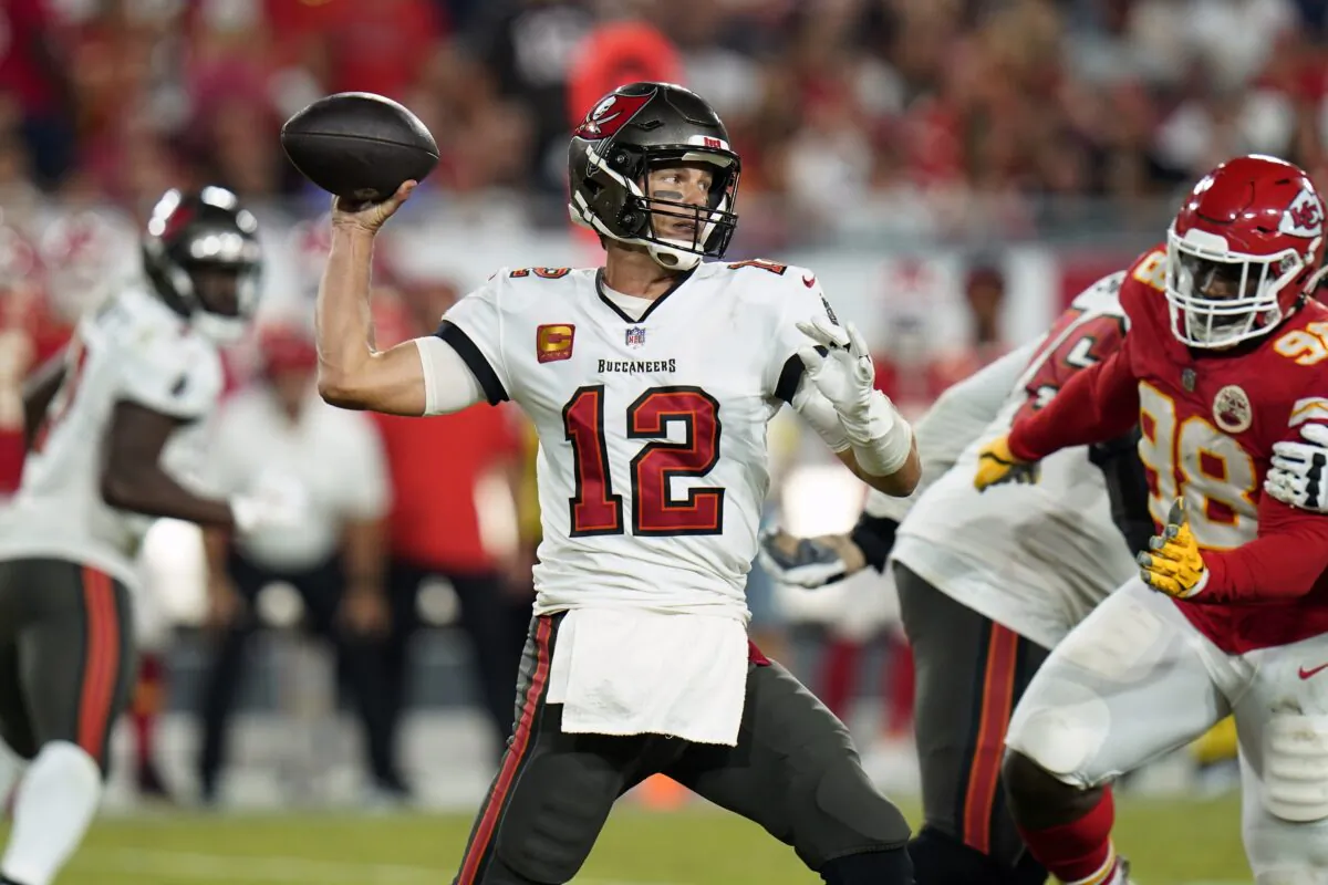 Tampa Bay Buccaneers quarterback Tom Brady (12) throws a pass during the second half of an NFL football game against the Kansas City Chiefs in Tampa, Fla., on Oct. 2, 2022. (Chris O'Meara/AP Photo)