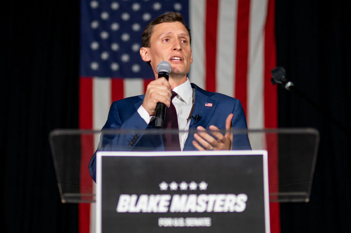 Republican U.S. senatorial candidate Blake Masters speaks during his election night watch party  in Chandler, Ariz., on Aug. 2, 2022. (Brandon Bell/Getty Images)