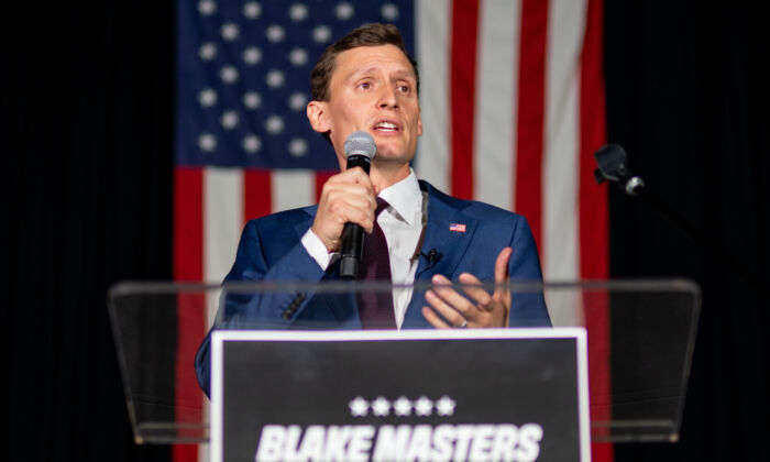 Republican U.S. senatorial candidate Blake Masters speaks during his election night watch party  in Chandler, Ariz., on Aug. 2, 2022. (Brandon Bell/Getty Images)