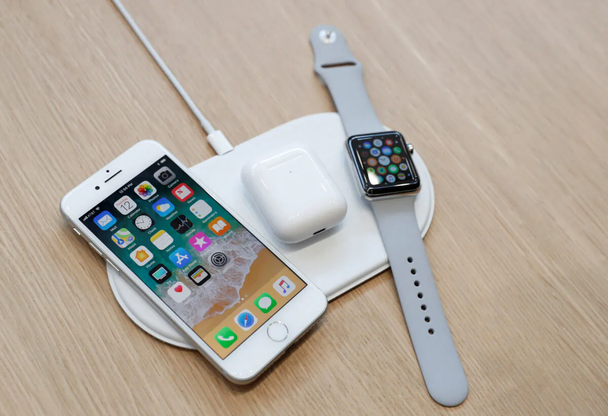 An AirPower wireless charger along with other products during an Apple launch event in Cupertino, Calif., on Sept. 12, 2017. (Stephen Lam/Reuters)