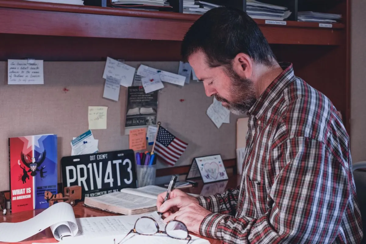 Author Barry Durmaz works at his desk in his Pennsylvania home in October 2022. (Courtesy of Joy Durmaz)