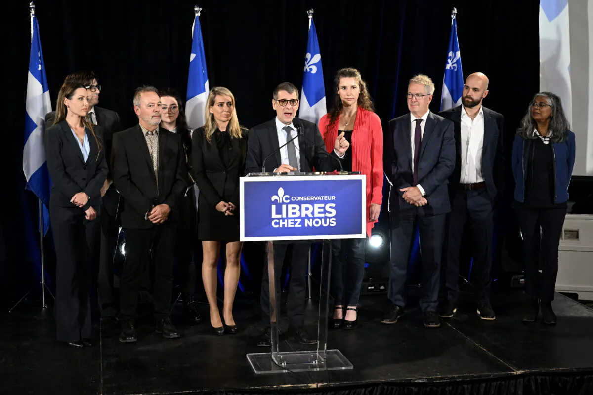 Quebec Conservative Leader Eric Duhaime speaks following the night’s results at the Conservative election night headquarters in Lac-Delage, Que., Monday, Oct. 3, 2022. (Bernard Brault/The Canadian Press)