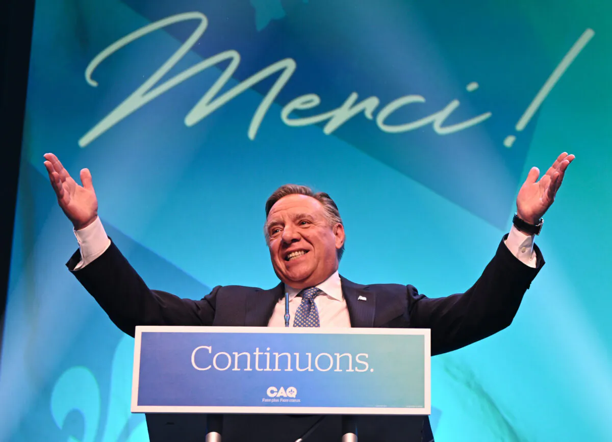 CAQ Leader François Legault makes his victory speech to supporters at his party's election night headquarters in Quebec City on Oct. 3, 2022. (The Canadian Press/Jacques Boissinot)