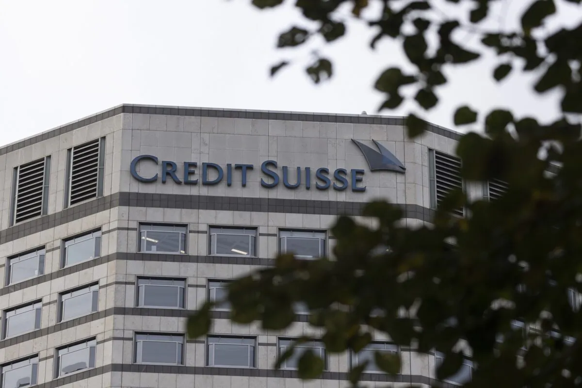 A general view of Credit Suisse in the Canary Wharf business district in London on Oct. 3, 2022. (Dan Kitwood/Getty Images)