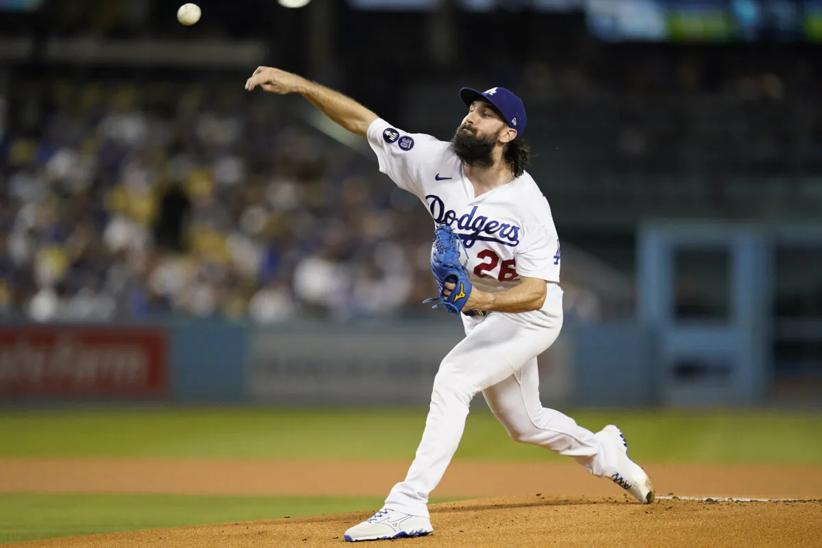 Los Angeles Dodgers starting pitcher Tony Gonsolin (26) throws during the first inning of a baseball game against the Colorado Rockies in Los Angeles, on Oct. 3, 2022. (Ashley Landis/AP Photo)