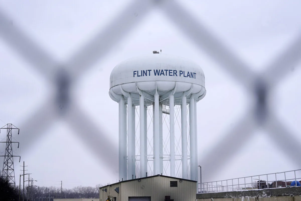 The Flint water plant tower in Flint, Mich., on Jan. 6, 2022. (Carlos Osorio/AP Photo)