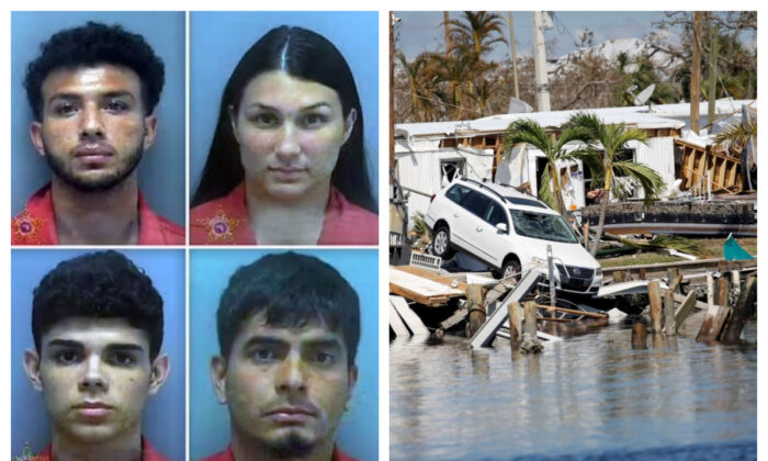 A composite image shows four suspects accused of looting after Hurricane Ian, and file photo of Hurricane Ian's aftermath is seen in Fort Myers Beach, Fla., on Oct. 1, 2022. (Lee County Sheriff's Office; Marco Bello/Reuters)