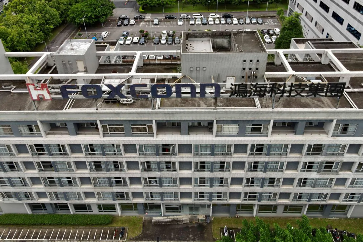 A Foxconn logo on a building in Tucheng district, New Taipei City, Taiwan, on May 6, 2022. (Sam Yeh/AFP via Getty Images)