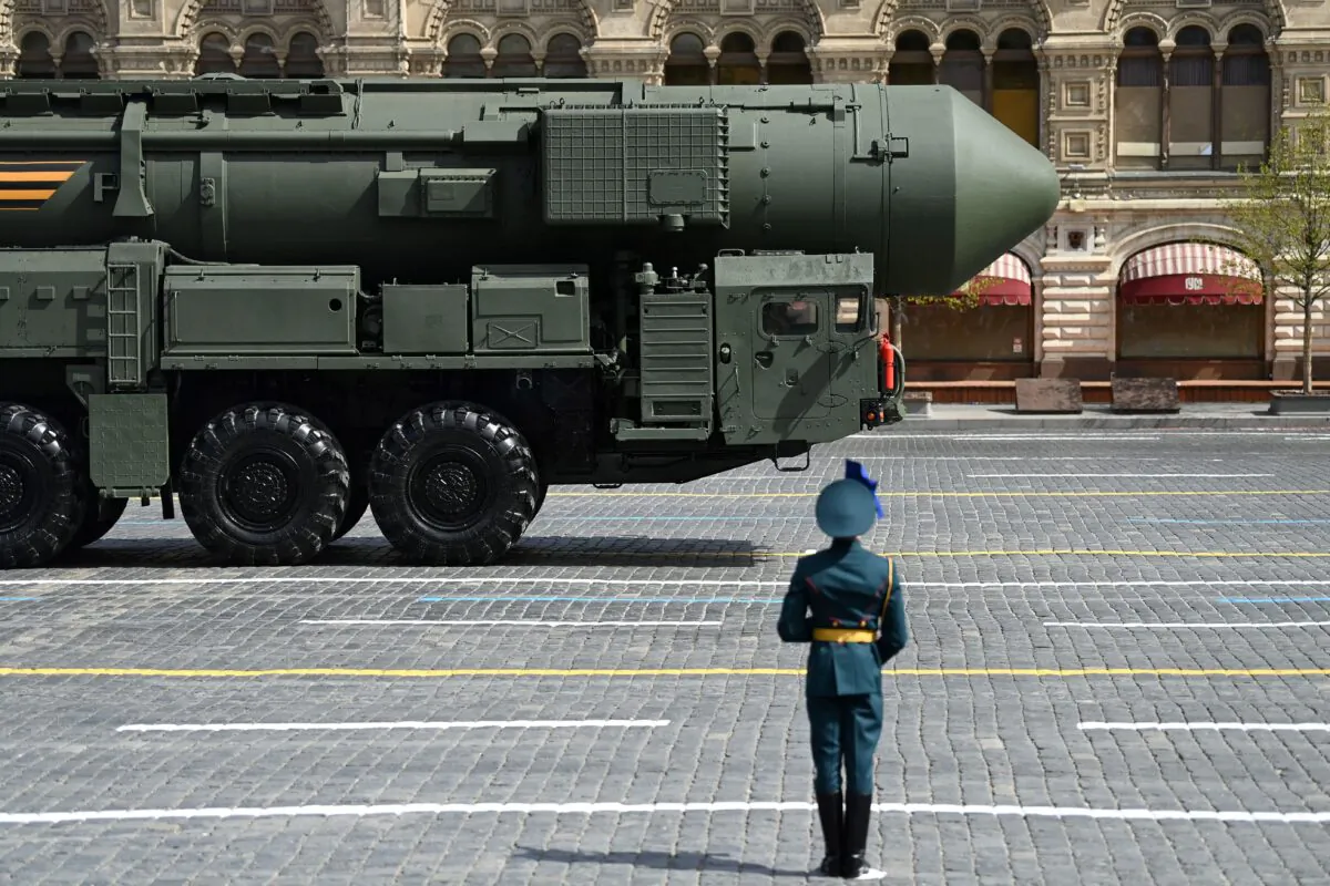 A Russian Yars intercontinental ballistic missile launcher parades through Red Square during the Victory Day military parade in central Moscow, Russia, on May 9, 2022. (Kirill Kudryavtsev/AFP via Getty Images)