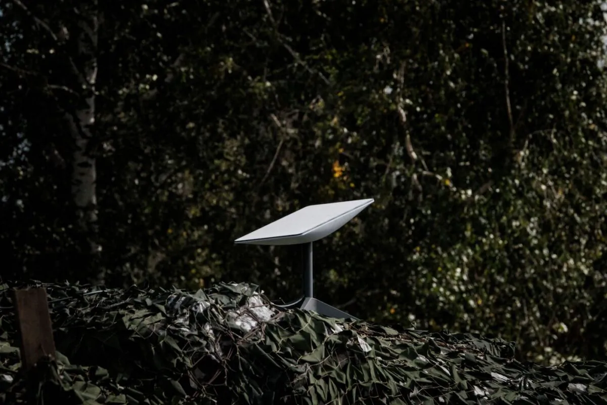 An antenna of the Starlink satellite-based broadband system donated by U.S. tech billionaire Elon Musk in Izyum, Kharkiv region, Ukraine, amid the Russian invasion of Ukraine, on Sept. 20, 2022. (Yasuyoshi Chiba/AFP via Getty Images)