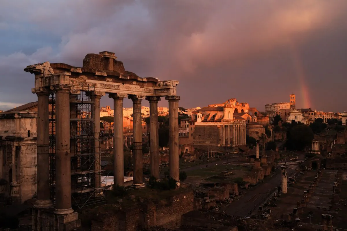 The ruins of the ancient Roman Forum during a sunset in Rome, Italy, on Nov. 3, 2017. (Alberto Pizzoli/AFP via Getty Images)