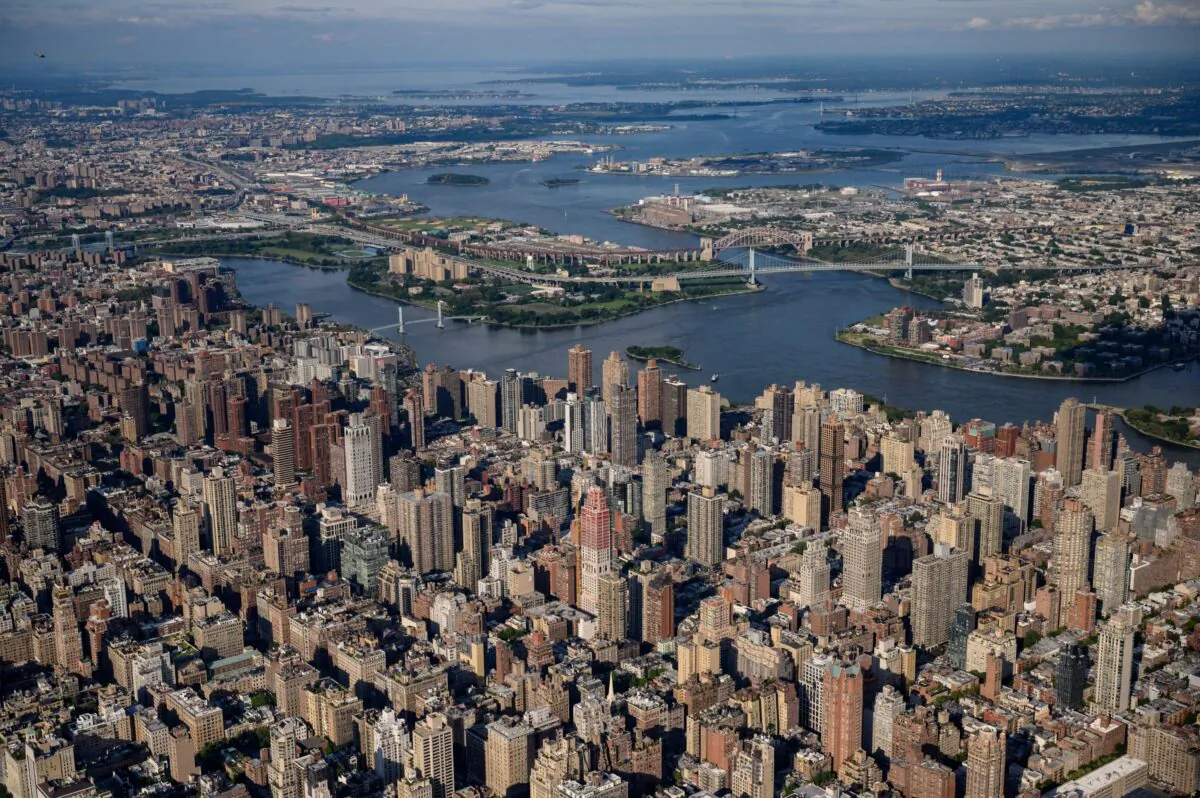 An aerial general view shows the skyline of the east side of Manhattan towards Randalls Island, New York on Aug. 5, 2021. (ED JONES/AFP via Getty Images)