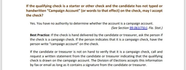 Screenshot from Page 19 of the Florida Division of Elections 2022 Supervisor's Handbook on Candidate Qualifying, outlining the procedures to be taken when a candidate or or treasurer hand delivers a check that does not have "campaign account" printed or written on it.