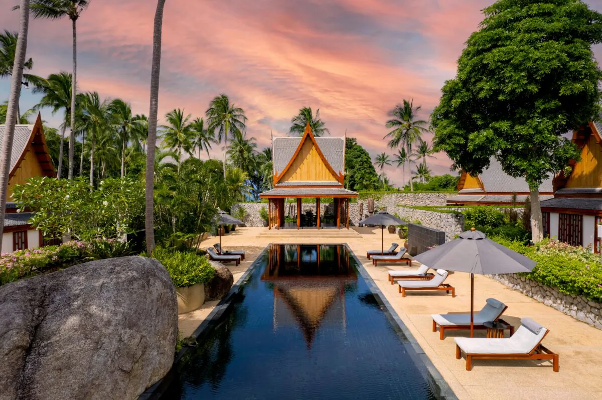 A view of the pool area, with its impressive pagoda. (Courtesy of owners and Sotheby’s Concierge Auctions)