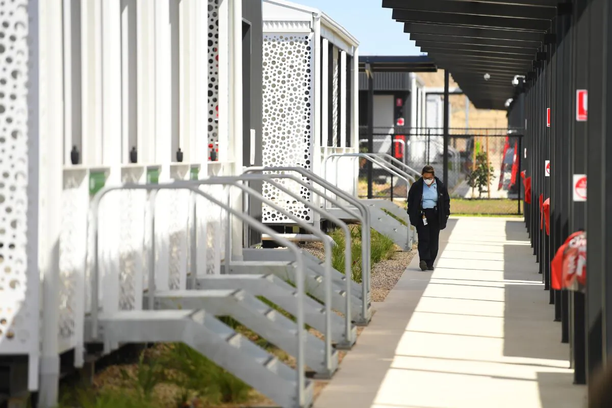 An employee is seen at the Victorian quarantine accommodation hub in Melbourne, Australia, on Feb. 19, 2022. (AAP Image/James Ross)
