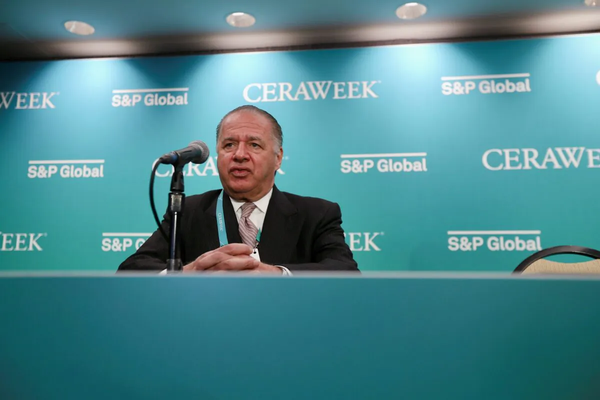 Charif Souki, CEO of Tellurian, speaks at a news conference at the CERAWeek Conference by S&P Global in Houston on March 9, 2022. (Nathan Frandino/Reuters)