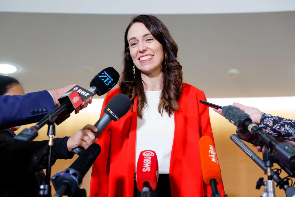 New Zealand Prime Minister Jacinda Ardern speaks to media prior to a Labour Party caucus meeting in Wellington, New Zealand, on Aug. 23, 2022. (Hagen Hopkins/Getty Images)