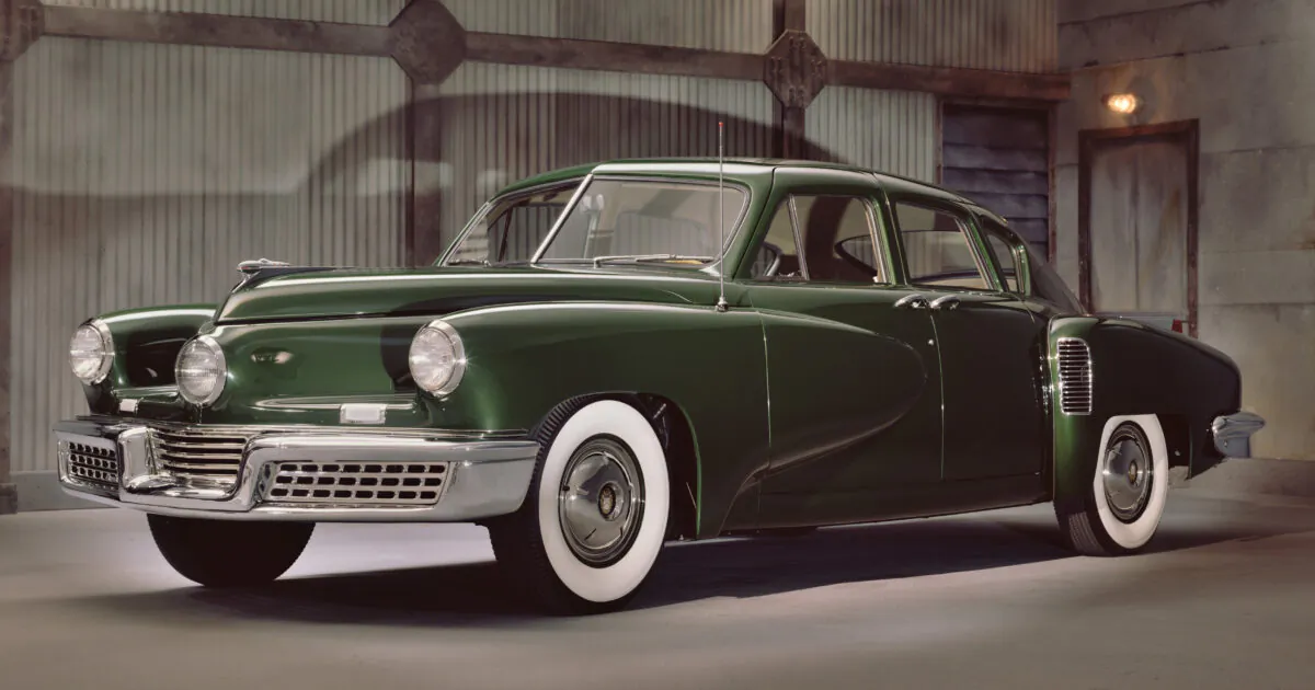 A fully- restored No. 1006, one of the 47 surviving Tuckers designed and manufactured by Preston Tucker. It has the signature three headlights. (James Secreto/ Nostalgic Motoring Ltd.)