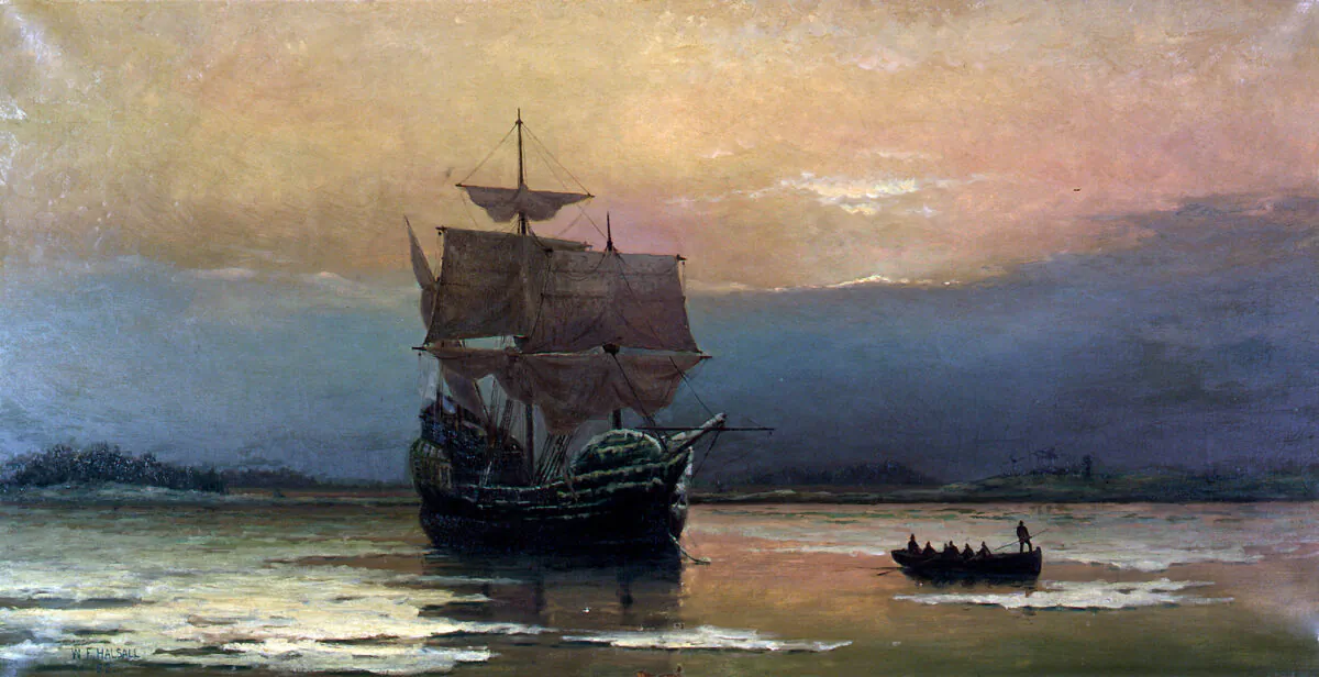“The
Mayflower on
Her Arrival
in Plymouth
Harbor” by
William Halsall,
1882. Oil on
canvas. Pilgrim
Hall Museum,
Plymouth. (Public domain)