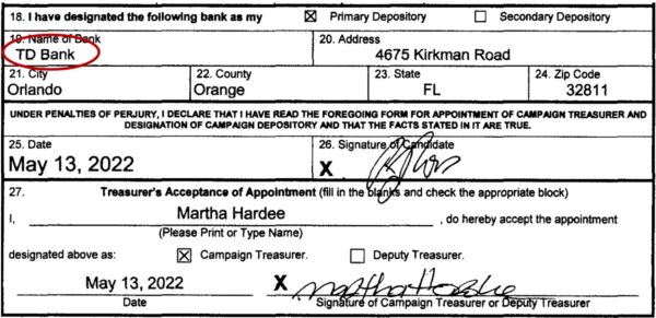 Screenshot from Appointment of Campaign Treasurer and Designation of Campaign Depository for Candidate form received May 16,, 2022 at 8:18 AM by the DOE, in which Randy Ross designated his account at TD Bank in Orange County, Florida as his official campaign account. 