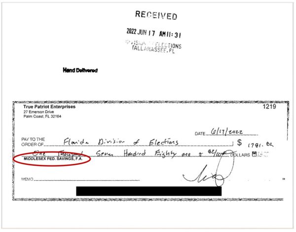 Screenshot of check received June 17, 2022 at 11:31 AM by the DOE, written from the account at Middlesex Federal Savings in Sommerville, MA, which Tim Sharp designated as his official campaign account when filing his Campaign Treasurer and Designation of Campaign Depository for Candidate form on October 14, 2021 at 12:32 PM.