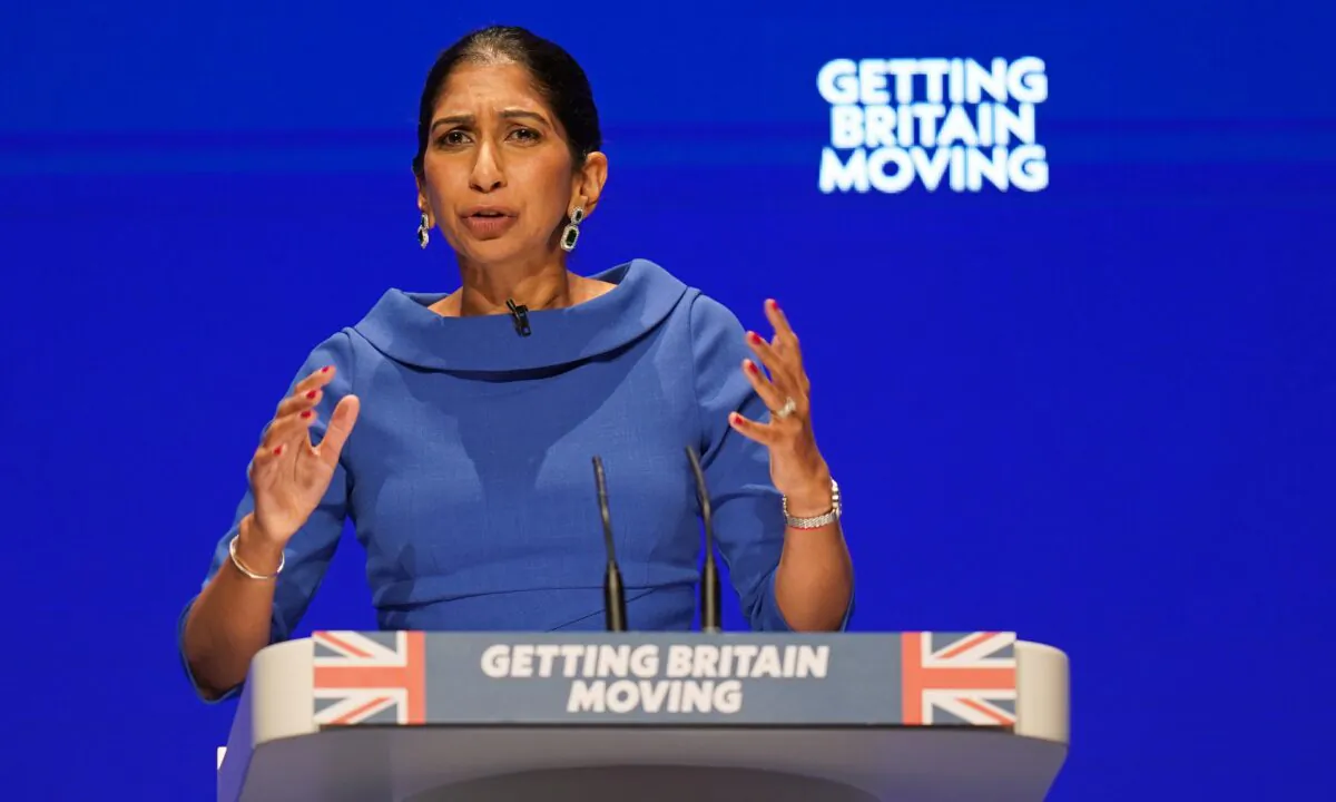 Home Secretary Suella Braverman speaking during the Conservative Party annual conference at the International Convention Centre in Birmingham on Oct. 4, 2022. (Jacob King/PA Media)
