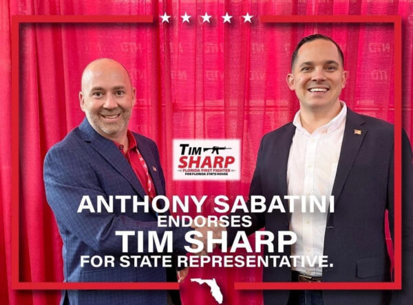 Tim Sharp (left), former candidate for Florida House of Representatives, with Republican Florida State Representative Anthony Sabatini (right), commemorating Sabatini's February 2022 endorsement of Sharp in Orlando, Florida.