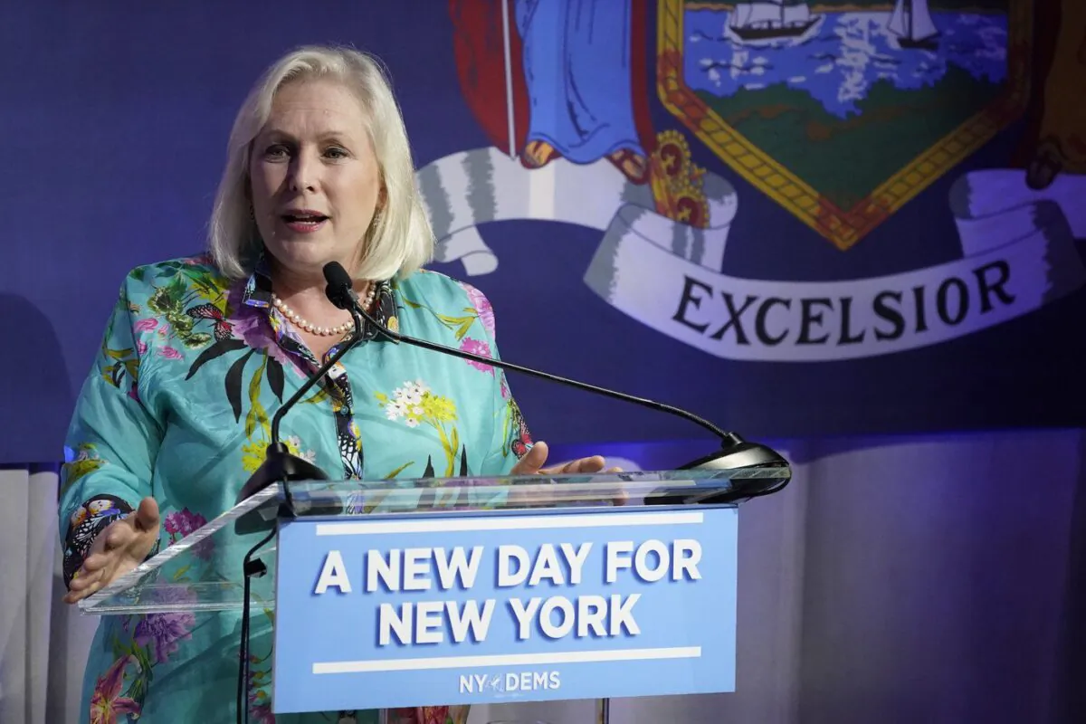 Sen. Kirsten Gillibrand (D-N.Y.) speaks during the primary election night party for New York Gov. Kathy Hochul and Lt. Gov. Antonio Delgado, in New York on June 28, 2022. (Mary Altaffer/The Canadian Press)