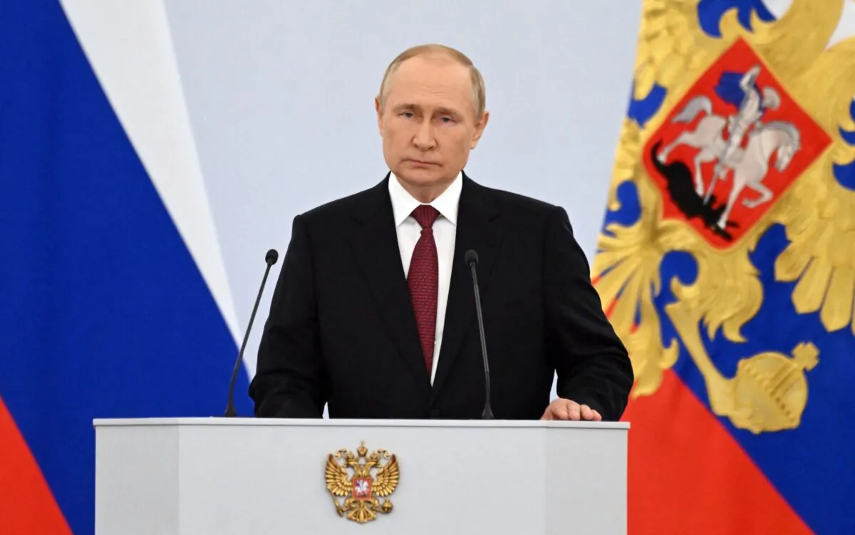 Russian President Vladimir Putin gives a speech during a ceremony formally annexing four regions of Ukraine under Russian troops' control at the Kremlin in Moscow on Sept. 30, 2022. (Grigory Sysoyev/Sputnik/AFP via Getty Images)