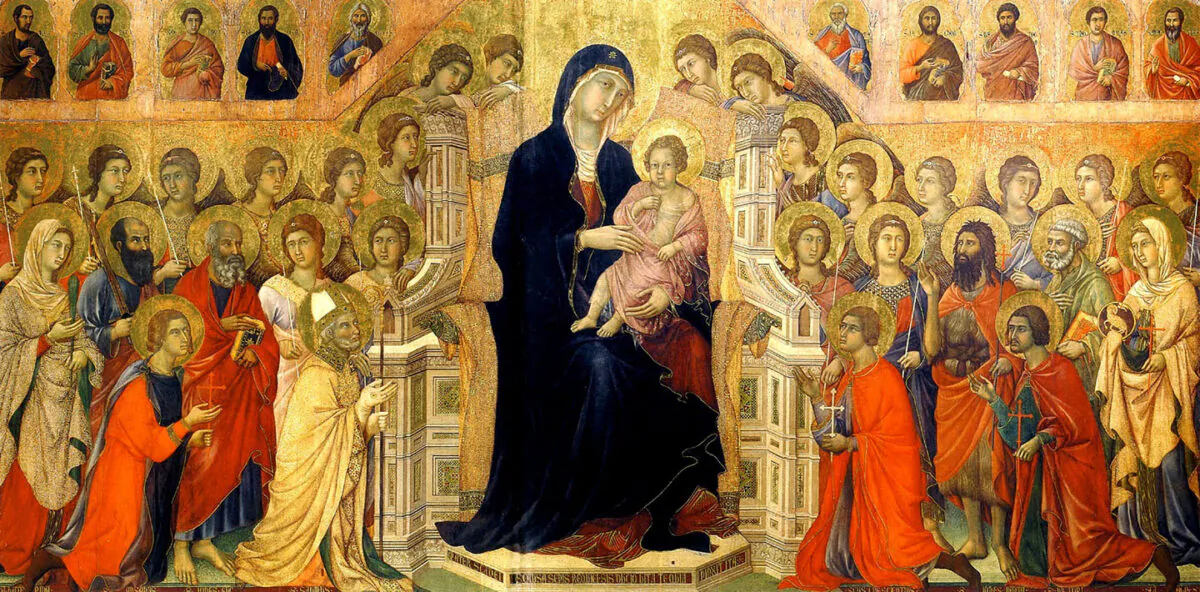 Central panel of the Maestà, 1308–1311, by Duccio di Buoninsegna. Tempera on panel; 84.2 inches by 14.2 feet. Museo dell'Opera metropolitana del Duomo, Italy. (Public Domain)