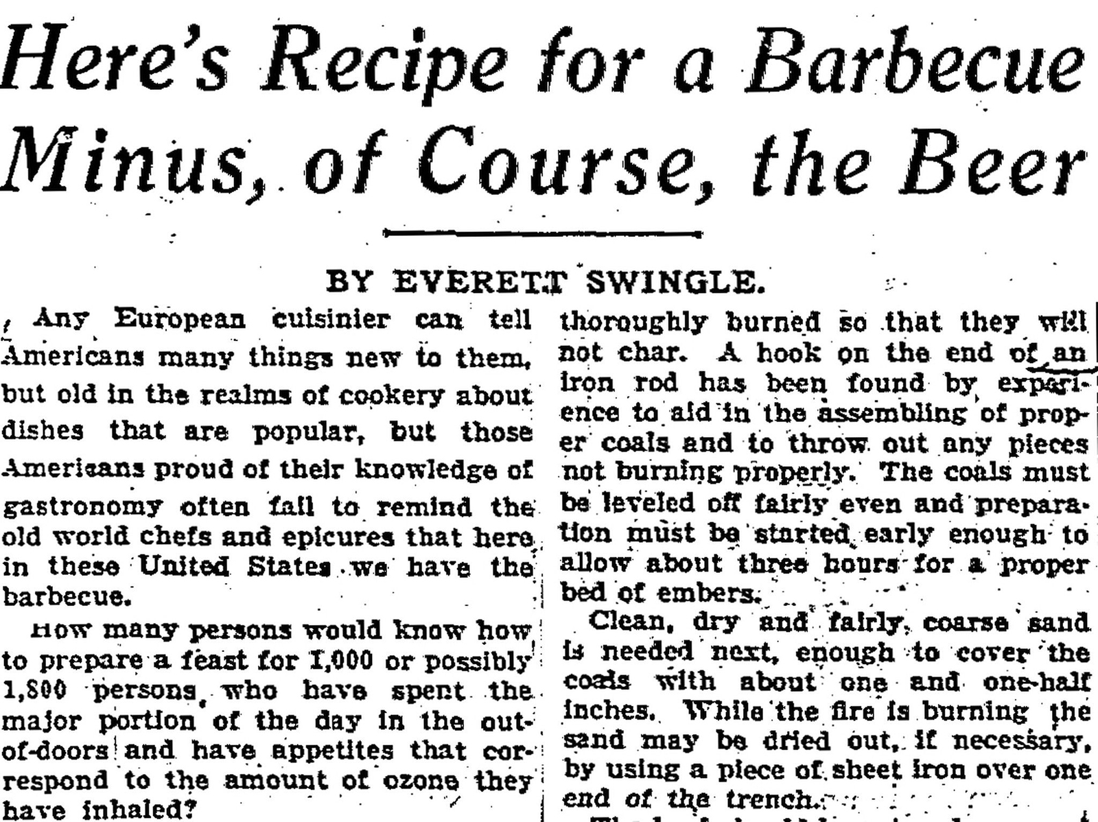 Excerpt from he Chicago Tribune's article "Here's Recipe for a Barbecue Minus, of Course, the Beer."