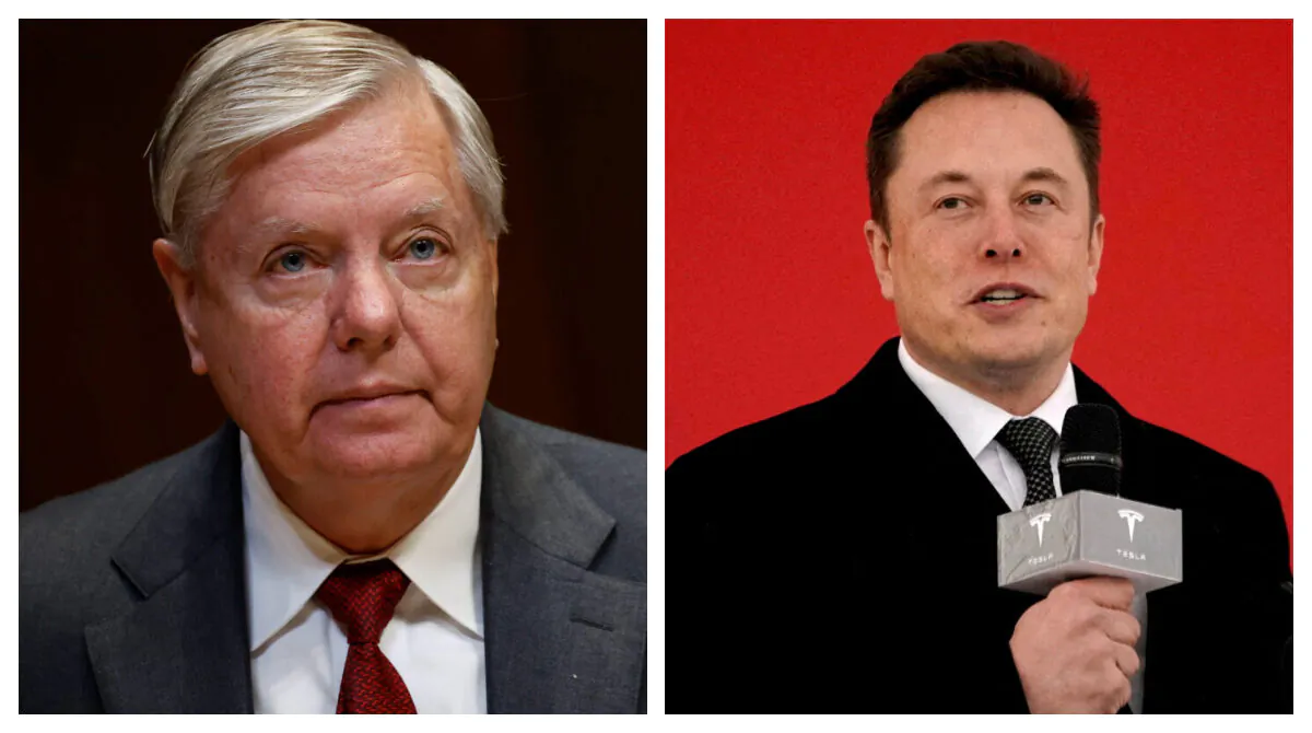 Sen. Lindsey Graham (R-S.C.) in Washington on May 25, 2022; and Tesla CEO Elon Musk in a file photo (Ting Shen/Getty Images; Aly Song/Reuters)