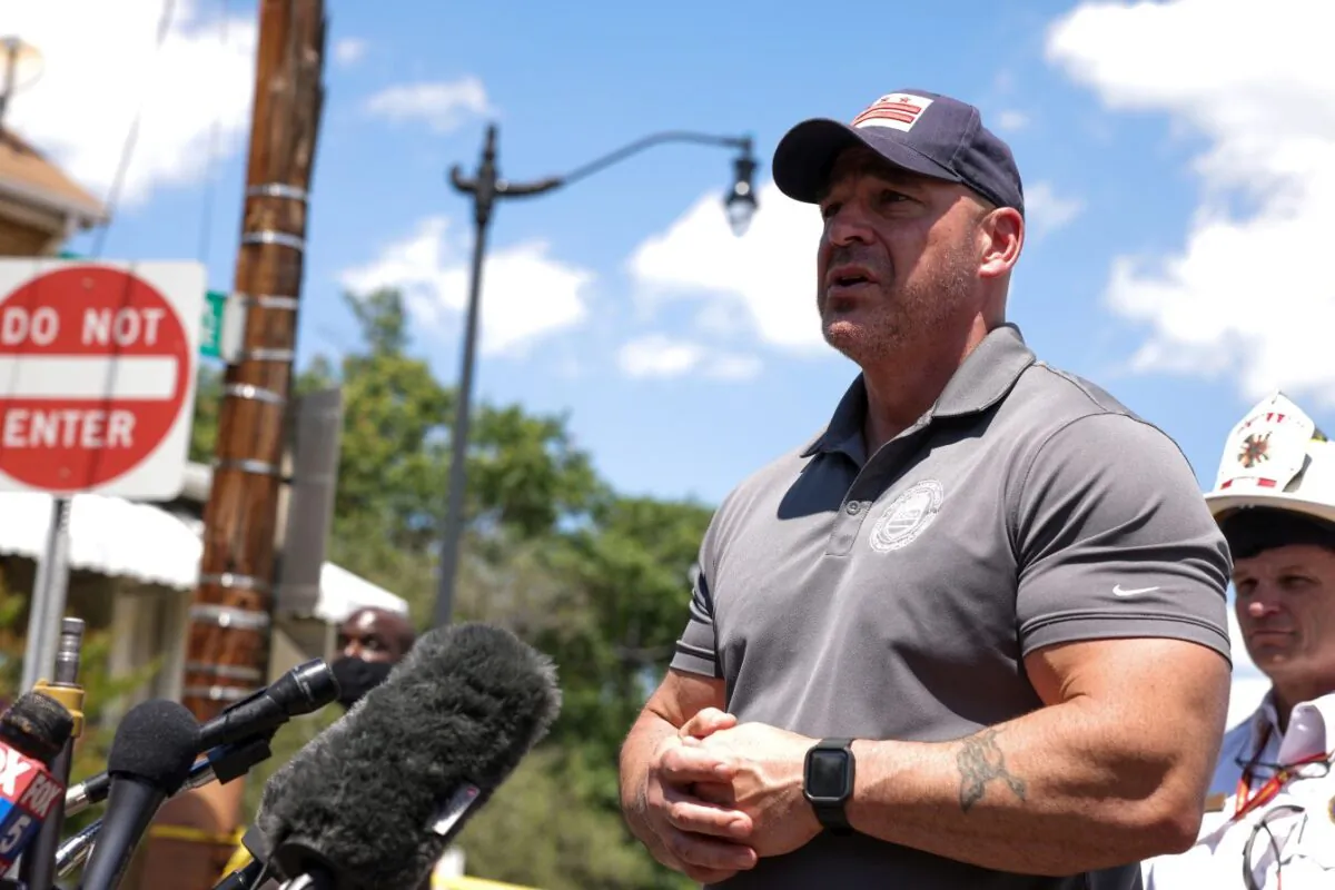 Chris Geldart, D.C. Deputy Mayor for Public Safety and Justice, speaks at a news conference near a collapsed pedestrian bridge in Washington, D.C., on June 23, 2021.  (Anna Moneymaker/Getty Images)