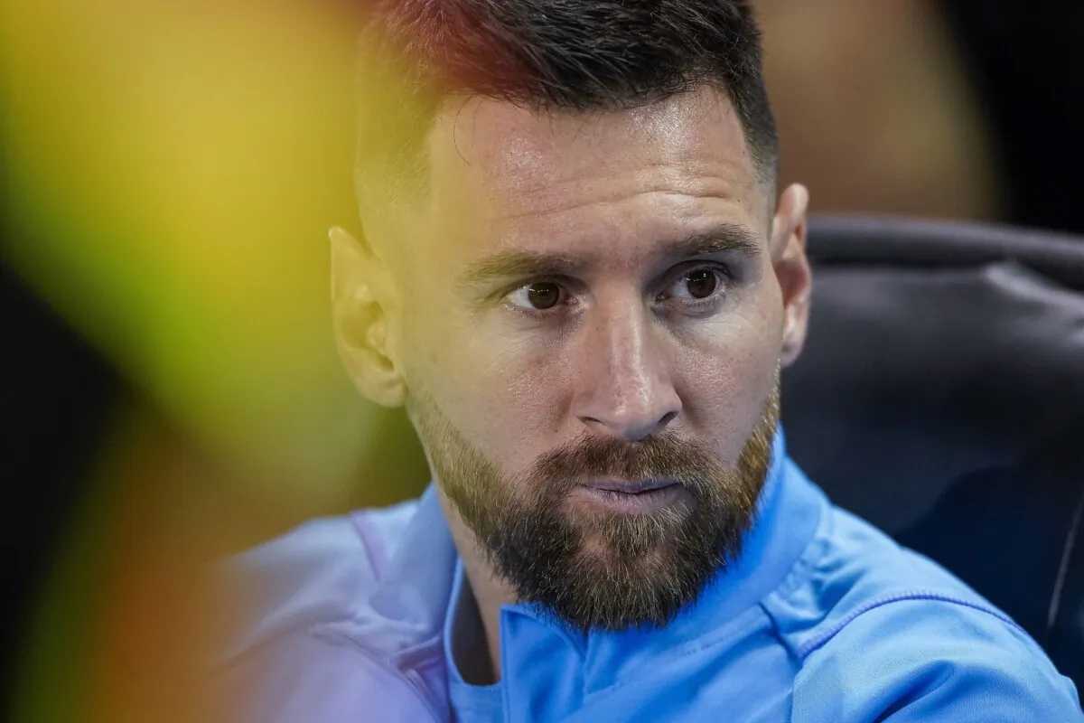 Argentina forward Lionel Messi sits before the team's international friendly soccer match against Jamaica in Harrison, N.J., on Sept. 27, 2022. (Eduardo Munoz Alvarez/AP Photo)