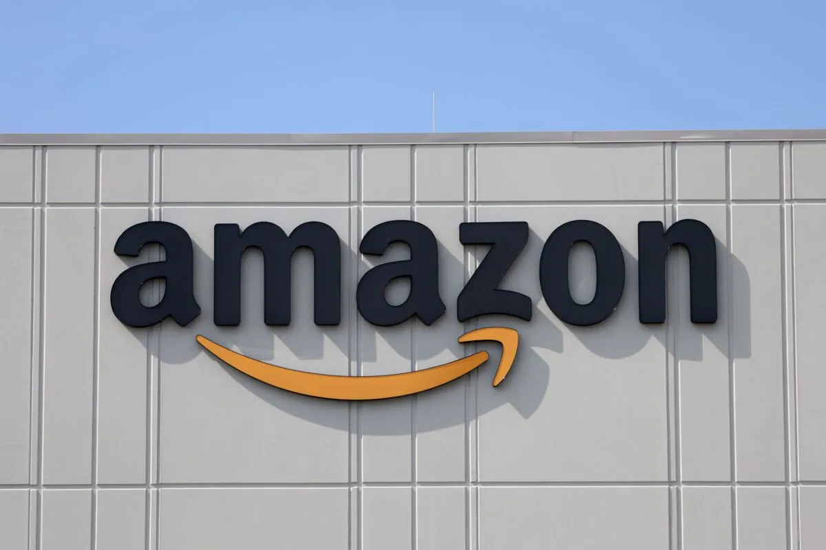 Signage at an Amazon facility in Staten Island, New York, on April 24, 2022. (Andrew Kelly/Reuters)