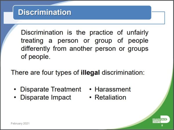 Slide # 8 from the Training Module, "Overview of the County's Anti-Discrimination Policy."