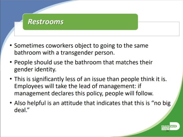 Slide # 13 from the Training Module, "Overview of the County's Anti-Discrimination Policy" regarding restroom policies.