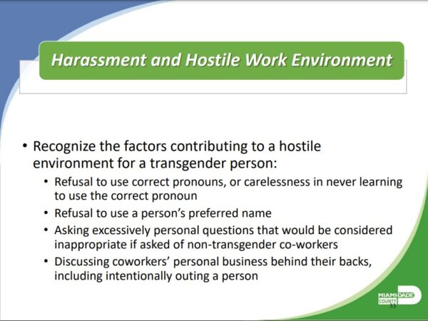 Screenshot of Slide #33 from the Transgender Sensitivity and Inclusion Training Module, teaching government employees how to "recognize the factors contributing to a hostile environment for a transgender person." 