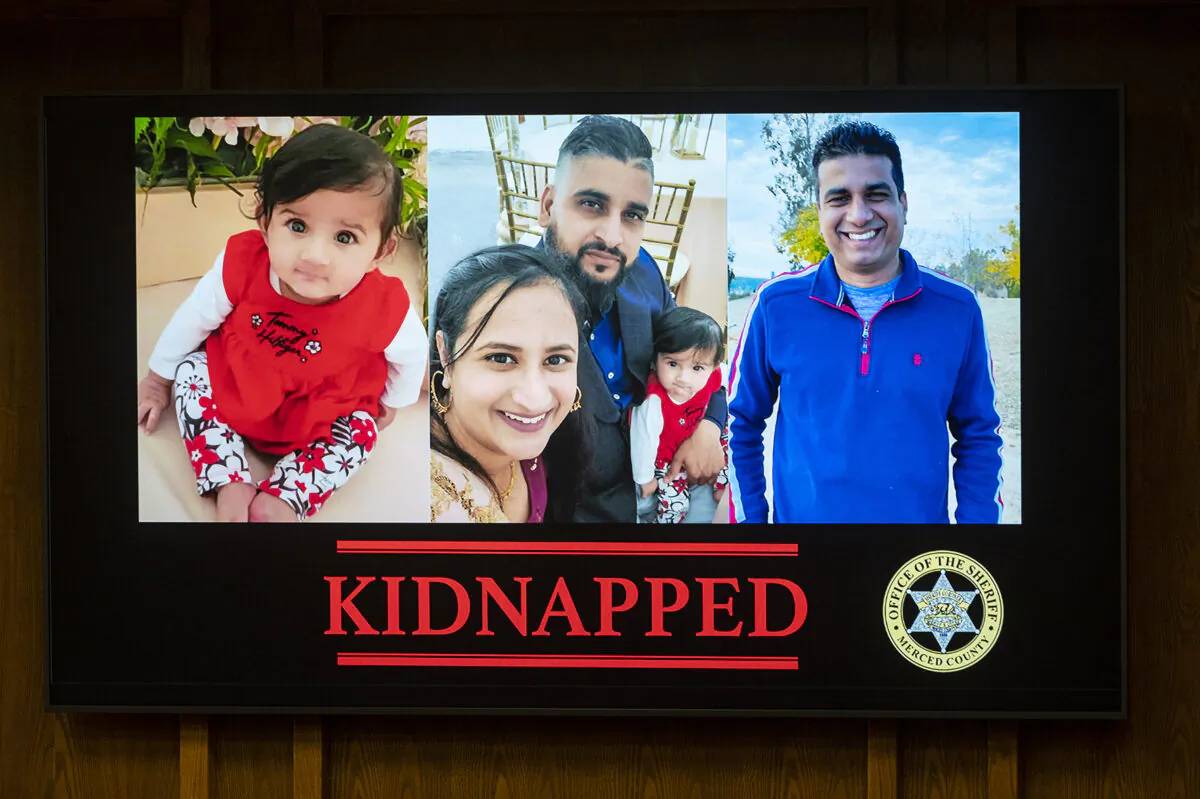 (L–R) Images of 8-month-old Aroohi Dheri, with her mother Jasleen Kaur and her father Jasdeep Singh, and her uncle Amandeep Singh, are displayed at a news conference in Merced, Calif., on Oct. 5, 2022. (Andrew Kuhn/The Merced Sun-Star via AP)