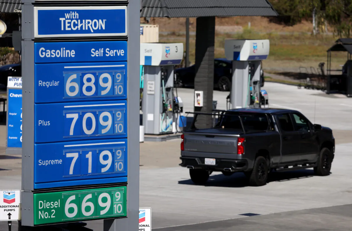 Gas prices -- seen here at more than $7 a gallon are displayed at a Chevron gas station in Mill Valley, Calif., on Oct. 3, 2022 -- are among economic uncertanities that will be a major influence on how Americans vote in Nov. 8 midterm elections. (Justin Sullivan/Getty Images)