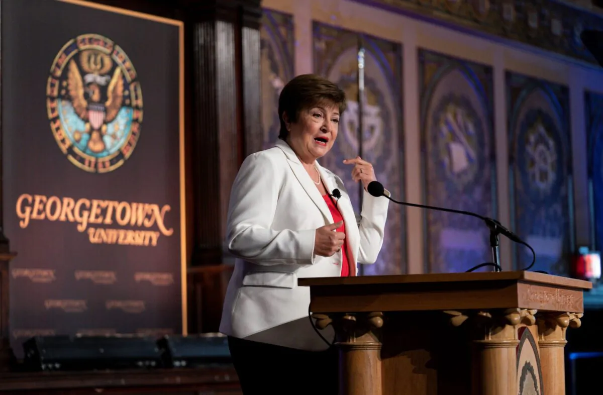Kristalina Georgieva, managing director of the International Monetary Fund, speaks on the global economic outlook and other key issues at Georgetown University in Washington on Oct. 6, 2022. (J. Scott Applewhite/AP Photo)