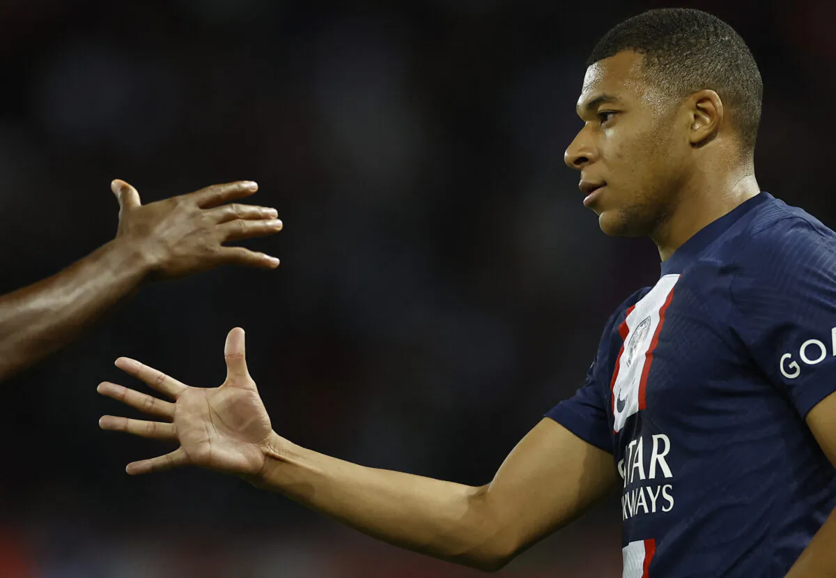 Paris St Germain's Kylian Mbappe reacts after the French L1 soccer match between Paris Saint-Germain (PSG) and OGC Nice at the Parc des Princes Stadium in Paris on Oct. 1, 2022. (Christian Hartmann/Reuters)