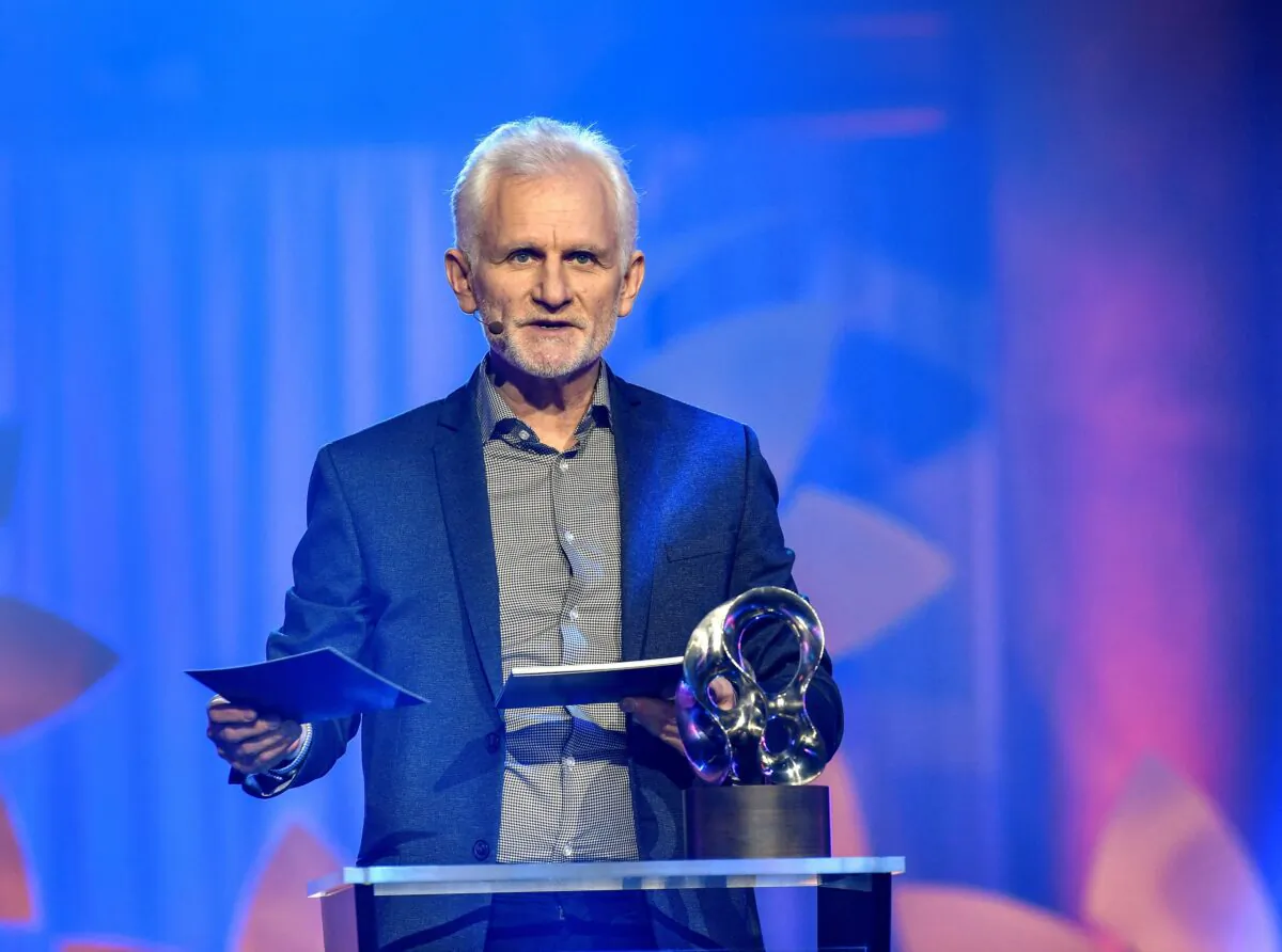 Human rights activist Ales Bialiatski, founder of the organisation Viasna (Belarus), receives the 2020 Right Livelihood Award at the digital award ceremony in Stockholm on Dec. 3, 2020. (Anders Wiklund/TT News Agency/via Reuters)
