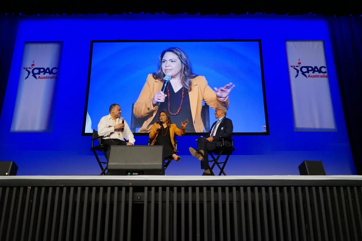 Indigenous academic Anthony Dillon (L), Northern Territory senator Jacinta Price (C) and Indigenous leader Warren Mundine (R) spoke at CPAC Australia in Sydney, on Oct. 1, 2022. (Horace Young/The Epoch Times)