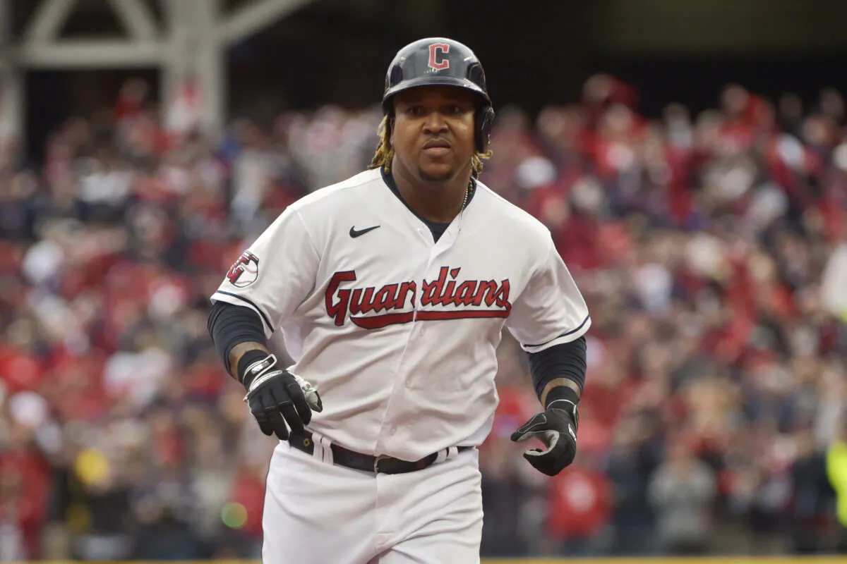 Cleveland Guardians' Jose Ramirez runs the bases after a two-run home run in the sixth inning of a wild card baseball playoff game against the Tampa Bay Rays in Cleveland on Oct. 7, 2022. (Phil Long/AP Photo)
