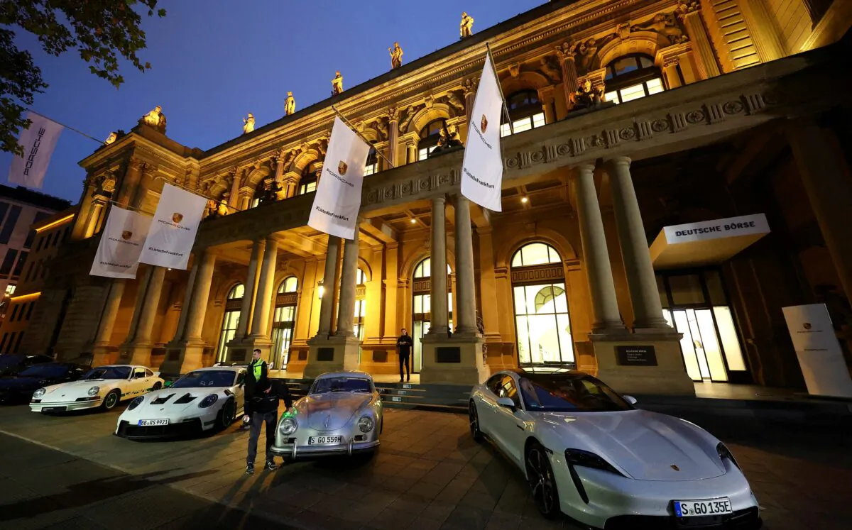Cars of German manufacturer Porsche outside the stock exchange prior to Porsche's IPO in Frankfurt, Germany, on Sept. 29, 2022. (Kai Pfaffenbach/Reuters)