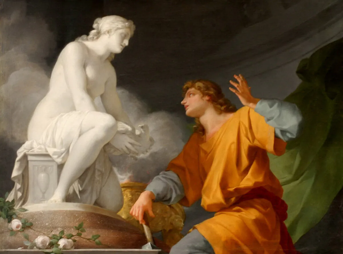 A detail from “Pygmalion Praying to Venus to Animate His Statue” in 1786 by Jean-Baptiste Regnault. Oil on canvas. Palace of Versailles, France. (Public Domain)