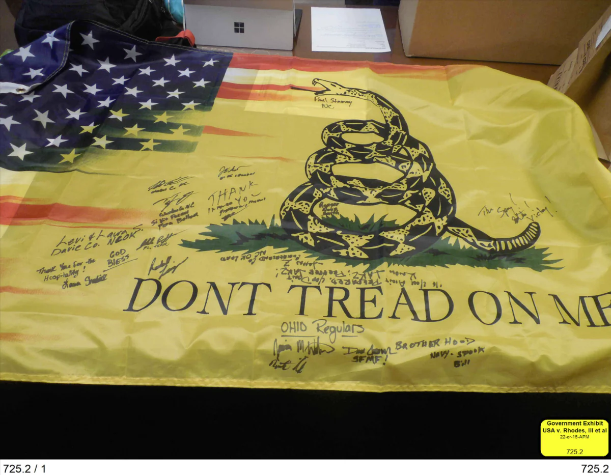 The Oath Keepers flag was signed by its various members. The Department of Justice exhibit's during the trial at the federal court in Washington D.C.