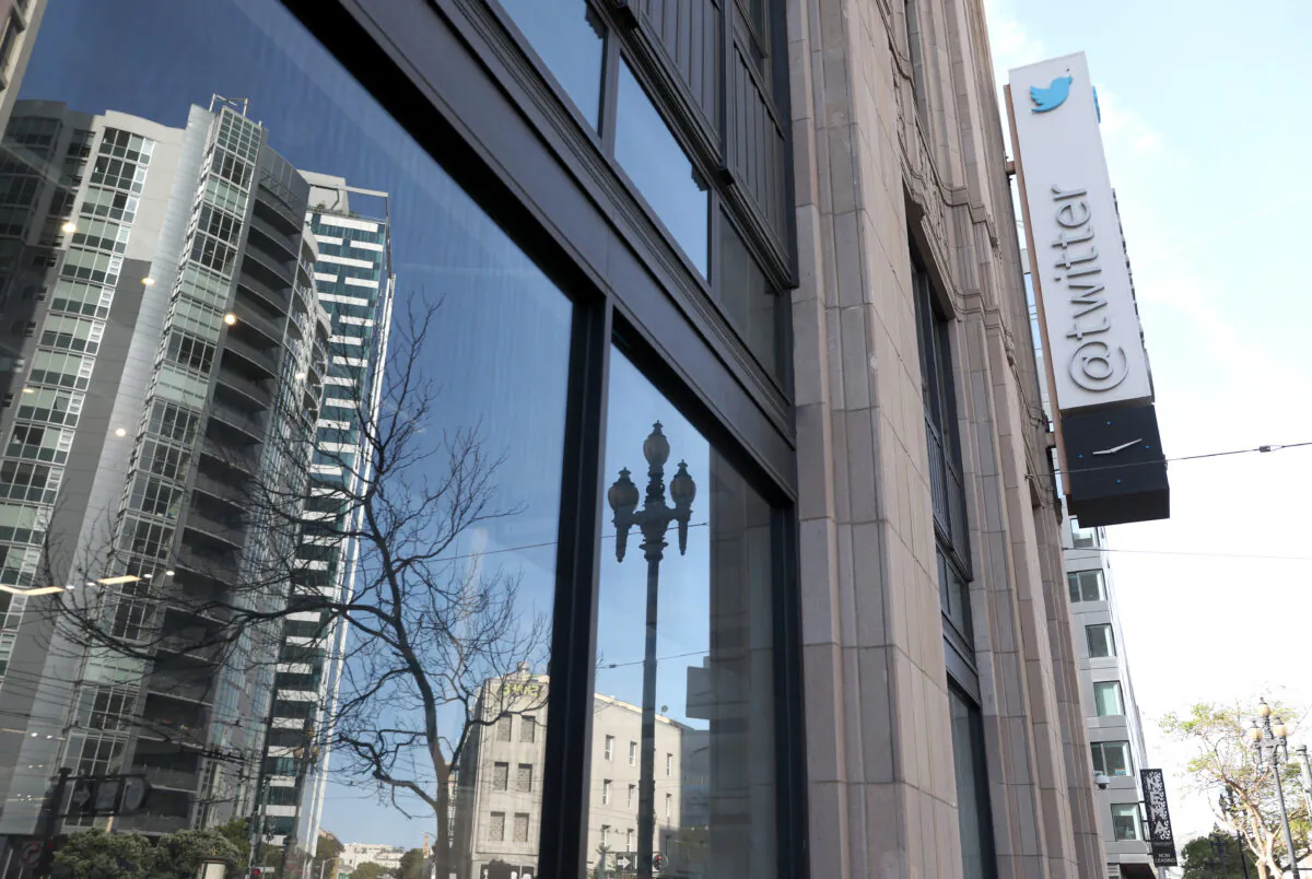 A sign is posted on the exterior of Twitter headquarters in San Francisco on April 27, 2022. (Justin Sullivan/Getty Images)