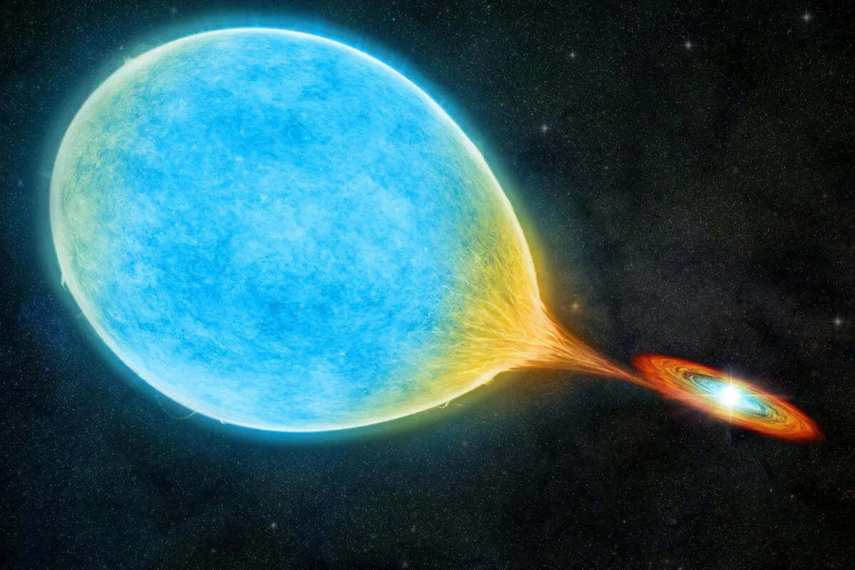 An artist's illustration shows a white dwarf and larger, sun-like star forming a "cataclysmic" binary system, seen in this undated handout image. (M.Weiss/Center for Astrophysics/Harvard & Smithsonian/handout via Reuters)